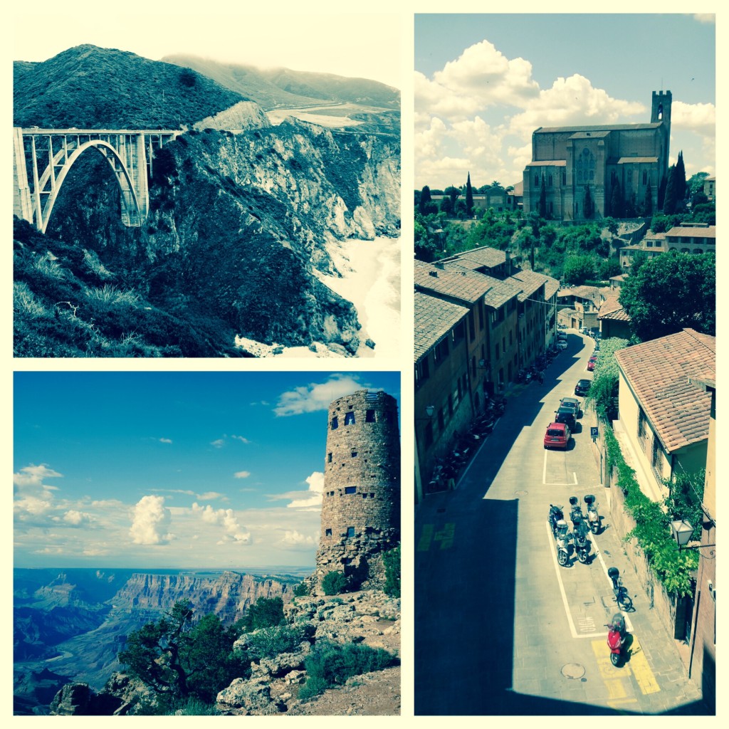 Upper-left: Big Sur, Cali.  Lower-left: Grand Canyon.  Right: Siena, Italy.